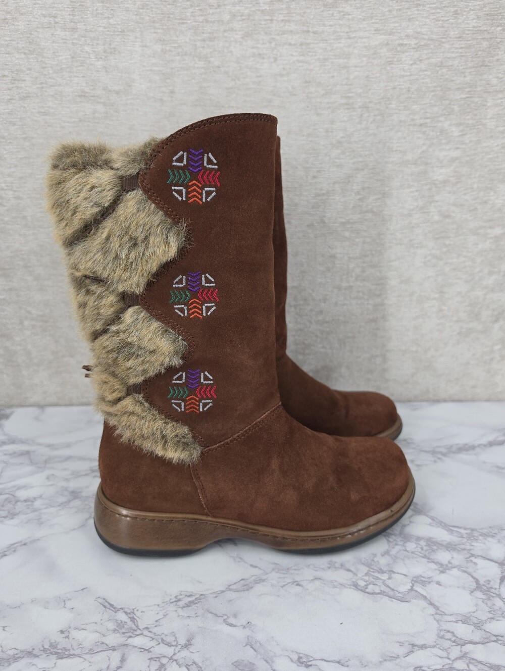 Dansko Fyodora Boot Brown Suede Mid-calf Winter Boots Faux Fur Boho Embroidered